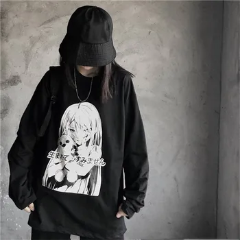 Harajuku Japonijos Tamsiai Anime Spausdinti Moterys T-Shirt O-Kaklo, ilgomis Rankovėmis Atsitiktinis Palaidų Moterų marškinėliai Streetwear Japonija Punk T Shirts