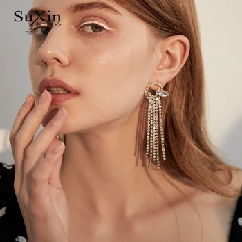 SuXin auskarai 2020 naujas paprastas apvalus kutas auskarai moterims, ilgai dirbtinių kristalų pakabukas auskarai papuošalai dovana