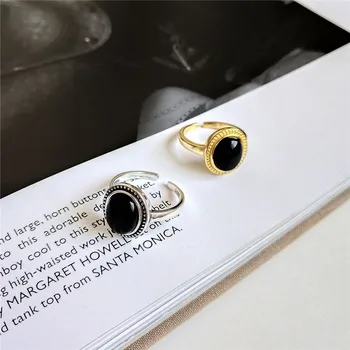 RUIYI Nekilnojamojo 925 Sterlingas Sidabro Europos Vintage Stiliaus Moterų Mados Žiedai 18K Aukso Gryno Sidabro Juodasis Agatas keičiamo dydžio Prabangus Žiedai