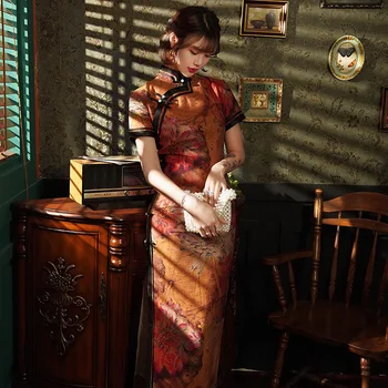 Moteris Borto Šaudymą Spausdinti Kinijos Tradiciniais Kostiumais Ilgai Stiliaus Qipao Padalinta Cheongsam Šortai Rankovės Rytų Satino Suknelė