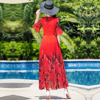 2020 naujas šifono suknelė moterų vasarą ilgai juosmens-uždara trumpomis rankovėmis apvalios kaklo suknelė elegantiškas slim fit suknelė