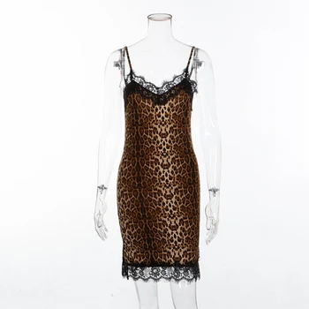 Seksualus V-kaklo Diržas Nėrinių Leopard Maišelį Klubo Slim Plikas Nugaros, Rankovių Klubo Suknelė 2020 m.