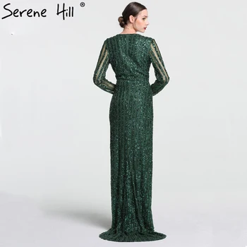 Prabanga Tamsiai Žalios spalvos ilgomis Rankovėmis Vakaro Suknelės 2020 M Sexy Giliai V-kaklo Pusės Split Zawalcowany Blizgančiais Pilka Dubajus arabų BLA6004