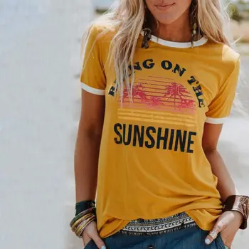 Moterų Plius Dydis Vasaros Trumpomis Rankovėmis T-Shirt Kokoso Medžio Saulės Raidžių Spausdinti Prarasti Palaidinė Atsitiktinis O-Kaklo Beach Street Tee Viršūnės