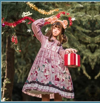Kalėdinis saldus lolita dress senovinių nėrinių bowknot mielas spausdinimo aukšto juosmens viktorijos suknelė kawaii girl gothic lolita op loli cos