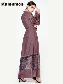 KALENMOS Musulmonų Atidaryti Abaja Moterų Siuvinėjimo Tinklelio, Arabų Dubajus Ilgas Chalatas, Caftan Nėriniai-up Suknelė Kimono Jubah Islamo Drabužių Outwear