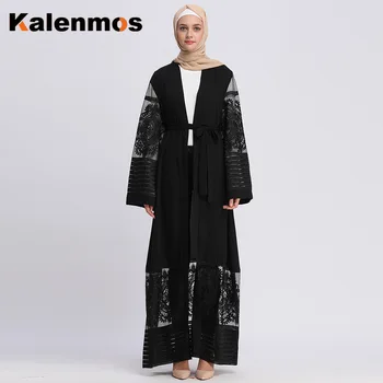 KALENMOS Musulmonų Atidaryti Abaja Moterų Siuvinėjimo Tinklelio, Arabų Dubajus Ilgas Chalatas, Caftan Nėriniai-up Suknelė Kimono Jubah Islamo Drabužių Outwear