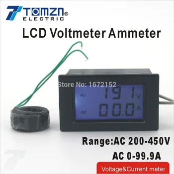 Dual LCD ekranas Įtampos ir srovės matuoklis mėlynas skydelio apšvietimas voltmeter ammeter asortimentą, AC 200-450V 0-99.9, Juoda