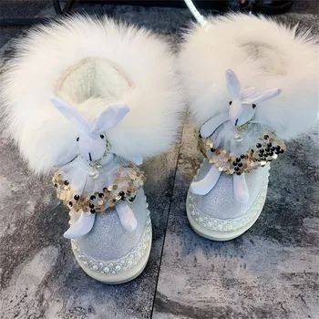 Mielas White Fox Fur Pliušinis Triušis Lėlės Snowshoe Lolita Batai Moterims, Deimantų, Perlų Ornamentu Žiemos Kawaii Anime Lolita Batai
