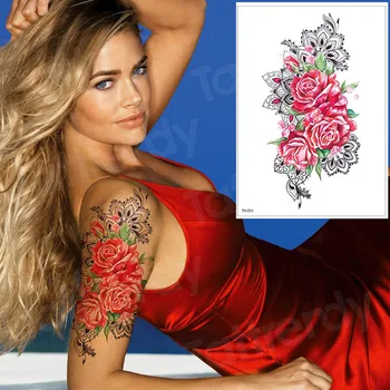 Laikina tatuiruotė vandeniui tatuiruotė lipdukai bikini mergaitė netikrą tatuiruotę ant kūno rankos rankovių tatuiruotės meilės laišką gėlių, rožių tatto 2019