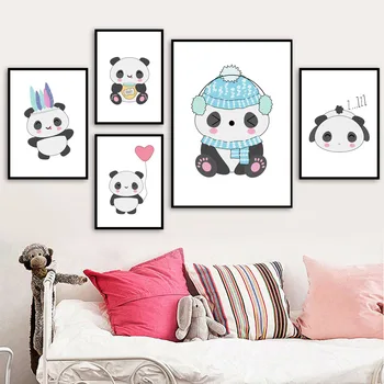 Mielas Panda Baby Plunksnų Sienos Meno Tapybos Drobės Animacinių Filmų Šiaurės Plakatai Ir Spausdina Vaikų Darželio Sienos Nuotrauka Mergaitė Berniukas Vaikai Kambario Dekoro