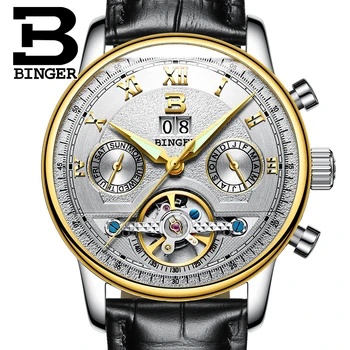 Šveicarija BINGER vyriški žiūrėti prabangos prekės Tourbillon daugybe funkcijų, atsparus vandeniui, Mechaninė Laikrodžius B-8603M-8