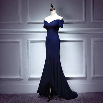 Tamsiai Mėlyna vakarinę Suknelę Paprasta Valtis Kaklo Undinė Ruched Grindų ilgis nuo Peties Plius dydis Individualų Oficialią Suknelės R1289