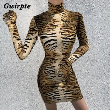 Gwirpte Golfo mados Tigras spausdinti seksualus slim suknelės ilgomis rankovėmis Moterims Seksualus Šalies Klubas Suknelė Nuimamas Pirštinės Bodycon Suknelė