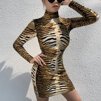 Gwirpte Golfo mados Tigras spausdinti seksualus slim suknelės ilgomis rankovėmis Moterims Seksualus Šalies Klubas Suknelė Nuimamas Pirštinės Bodycon Suknelė