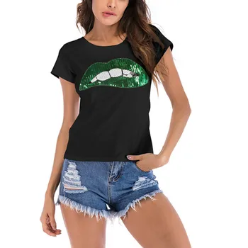 Naujas Moterų Marškiniai Didelis Lūpų Išsiuvinėti Odale Audiniai Apvalios Apykaklės trumpomis Rankovėmis T-shirt Poliesteris Streetwear plius dydis