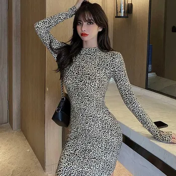 Derliaus Lieknas Moteris, Leopardas Spausdinti Suknelė Vientisas Elegantiškas Korėjiečių Šalis Atostogų Suknelės 2020 M. Pavasarį, Rudenį Ilgomis Rankovėmis Moteris Suknelė