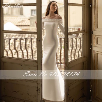 Lhuilier Elegantiškas Undinė Valtis Kaklo Satino Vestuvių Suknelės 2020 Perlai Puošnios Nuotakos Suknelė ilgomis Rankovėmis, su Nuimamu Traukinys