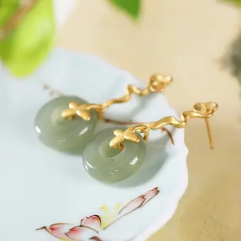 Nauja sidabro inkrustacijos Hetian jade augalų laimingas debesis Auskarai Kinų stiliaus unikalus amatų aukso šviesos prabanga žavesio moterų papuošalai