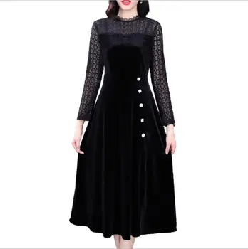 2020 Spirng Ir Ruduo Gražus Naujas Juodos Spalvos Siūlės Aksomo Moterų Suknelė Aukšto Vidutinio Ilgio Priemiestinių Stiliaus Moteriškos Suknelės.