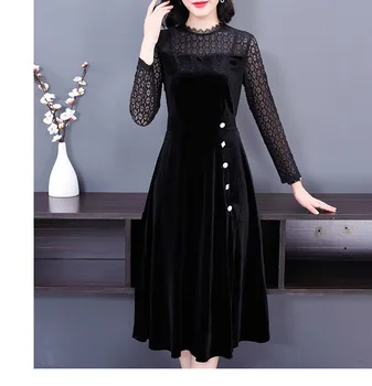 2020 Spirng Ir Ruduo Gražus Naujas Juodos Spalvos Siūlės Aksomo Moterų Suknelė Aukšto Vidutinio Ilgio Priemiestinių Stiliaus Moteriškos Suknelės.