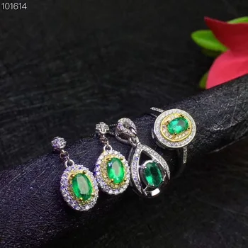 Gamtos ir Nekilnojamojo Smaragdas papuošalai nustatyti Gamtinių Nekilnojamojo Smaragdas 925 sterlingas sidabro 1pc pakabukas,1pc žiedas ,Auskarai 2vnt