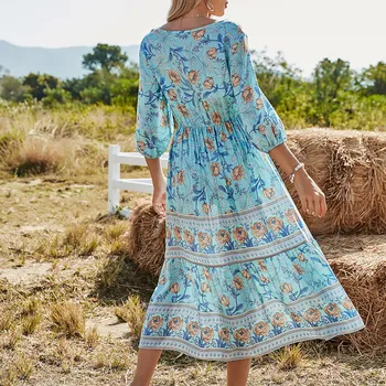 Pavasario ir vasaros suknelė 2021 naujų Europos ir Amerikos moterų V-kaklo Print Suknelė Atostogų stiliaus ilgomis rankovėmis sijonas
