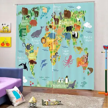 Gyvūnų Pasaulio Žemėlapis Vaikams ir Vaikams, Cartoon Kalnai, Miškai Užuolaidų Vaikų kambario Užtemdymas Portjeras Dekoro Rinkiniai