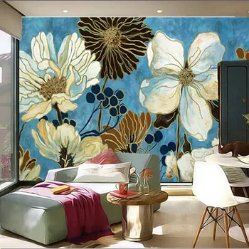 Vartotojo 3D freskomis,Mėlyna mažų šviežių žydinčių chrizantemų aliejaus tapyba,gyvenamasis kambarys sofos, TV miegamojo sienos tapetai