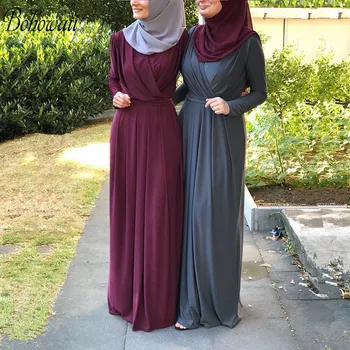BOHOWAII Mados Skraiste Musulmane Longue ilgomis Rankovėmis Dubajus Kaftan Suknelė su V-Kaklo Flowy Oficialų Musulmonų Ramadano Suknelė Moterims