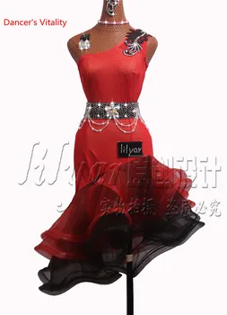Profesinės užsakymą lotynų Šokių Suknelė Moterų Šokių Konkurse Drabužius Juoda Raudona Nuožulnios Pečių Coiling Suknelė