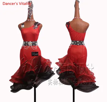 Profesinės užsakymą lotynų Šokių Suknelė Moterų Šokių Konkurse Drabužius Juoda Raudona Nuožulnios Pečių Coiling Suknelė