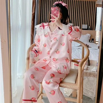 Pavasarį, Vasarą, Šilko, Satino Spausdinti ilgomis Rankovėmis Pajama Komplektai Moterų korėjos Mielas Nėrinių Sleepwear Pyjama Homewear Pijama Mujer Drabužiai