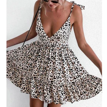 Ponios Vasaros Suknelė Seksualus Leopardas Spausdinti Giliai V-kaklo, Spageti Dirželis Backless Rankovių Moterų Plisuotos Suknelė 2020 Naujas