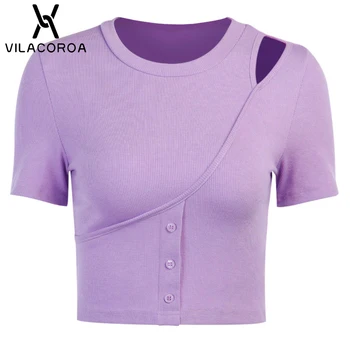 Violetinės o Kaklo trumpomis Rankovėmis Mygtuką Moterys T-Shirt Tuščiaviduriai Pagrindinio Atsitiktinis Liesas Apkarpyti Viršūnes Medvilnės Minkštas Streetwear Moterų Tee-Shirt