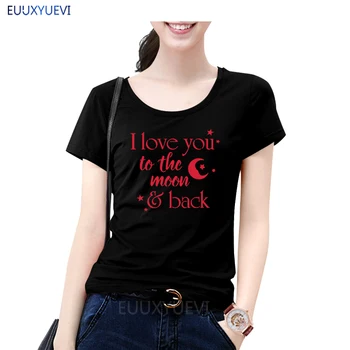Slim Fit Moterų marškinėlius Medvilnės Atsitiktinis romantiška Juokinga, aš Tave Myliu Iki Mėnulio Ir Atgal marškinėliai Lady Viršuje Tee Hipster Tumblr Lašas E436