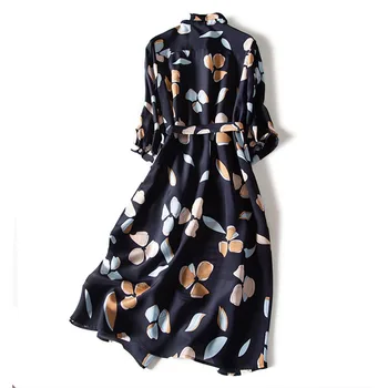 Gėlių Spausdinti Plus Size Šilko Moterų Suknelė Vakarų Stiliaus Atvartas Mulberry Šilko Diržo Vidurio Ilgis Ilga Suknelė Vintage Moterų Rudenį Suknelė