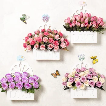 Gražus Sienos kabo gėlių krepšelis nustatyti Modeliavimo Gėlės Rožės Šilko Dirbtinių Gėlių patalpų Išdėstymas sienų apdaila