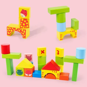 Mediniai blokai žaislai vaikams 34 Gabalus gyvūnų skaitmeniniai blokai klasikinis mokymosi išteklių (medienos blokai žaislai dovana