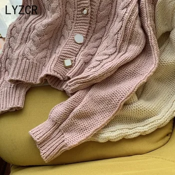 LYZCR Megzti Moterų susagstomi megztiniai Drabužių 2020 Prarasti V Kaklo Trumpas Džemperis Cardigan Moteris Rudens-Žiemos Striukę, Paltą Atsitiktinis