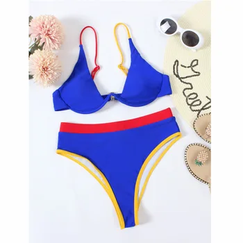 Push-Up Bikinis 2021High Juosmens Bikini Komplektas 2 Spalvų Kratinys Swimsuit Moterys Aukšto Juosmens maudymosi Kostiumėliai, Maudymosi Kostiumą Plaukimo Kostiumas
