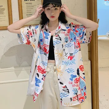 Korėjos palaidinė moterims Vasaros Turn-žemyn Apykaklės Paplūdimio Stiliaus Palaidinės Prarasti Harajuku Trumpas Rankovės marškinėliai Topai blusas feminina 2020 m.