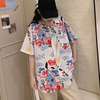 Korėjos palaidinė moterims Vasaros Turn-žemyn Apykaklės Paplūdimio Stiliaus Palaidinės Prarasti Harajuku Trumpas Rankovės marškinėliai Topai blusas feminina 2020 m.