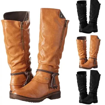 Moterys virš kelio batai plius dydis žiemos vakarų ponios batai, suapvalinti tne mados jojimo rudas juodas ilgas aukštakulniais batais 35-43
