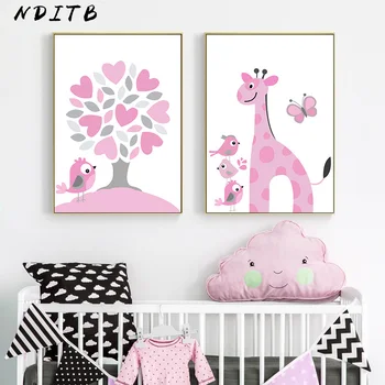 Pink Cartoon Gyvūnų Plakatas ir Spausdina Pelėda Žirafa Sienos Meno Tapybos Drobės Šiaurės Vaikams Apdailos Nuotrauka Mergina Miegamojo Puošimas