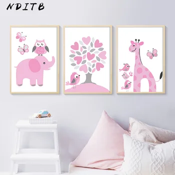 Pink Cartoon Gyvūnų Plakatas ir Spausdina Pelėda Žirafa Sienos Meno Tapybos Drobės Šiaurės Vaikams Apdailos Nuotrauka Mergina Miegamojo Puošimas