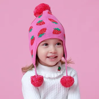 Naujas Baby Braškių Žiemos Skrybėlę Top Ball Medvilnės Megztos Kepurės Vaikų Ausų Saugomų Bžūp Mergina Šiltos Kepurės Nėrimo Kepuraitė Variklio Dangčio Skrybėlę