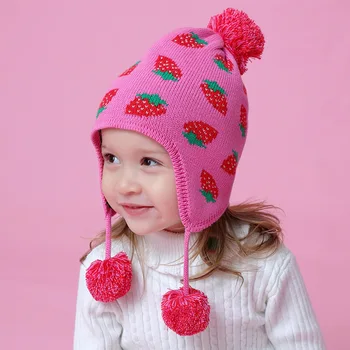 Naujas Baby Braškių Žiemos Skrybėlę Top Ball Medvilnės Megztos Kepurės Vaikų Ausų Saugomų Bžūp Mergina Šiltos Kepurės Nėrimo Kepuraitė Variklio Dangčio Skrybėlę