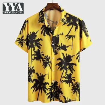 Havajų Mens Trumpas Rankovės Marškinėliai Spausdinami Atostogų Atsitiktinis Geltonos Spalvos Paplūdimio Viršūnes Vyrai Vieną Krūtinėmis Turn-Žemyn Apykaklės Loose Fit Marškinėliai