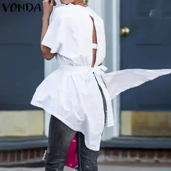 Elegantiškas Mados Basic Marškinėliai VONDA 2021 m. Rudenį Moterys, Moterų Atsitiktinis Palaidų Šalies Seksuali Palaidinė Backless trumpomis Rankovėmis Palaidinės Ir Viršuje